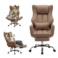 EROMMY Ergonomic Cross Legged Office Chair with Footrest,Big and Tall Leather Executive Chair with Reversible Armrest,Lumbar Pillow and Wheels,155° Reclining Computer Wide Desk Chair for Home,Office (Brown)