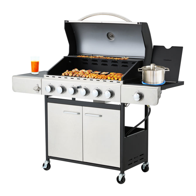 EROMMY Outdoor Burner BBQ Propane Gas Grill - 58000 BTUs Stainless Steel Patio Barbecue Grill with Stove and Side Table - Silver - Propane Gas-Erommy