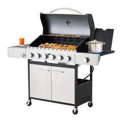 EROMMY Outdoor Burner BBQ Propane Gas Grill - 58000 BTUs Stainless Steel Patio Barbecue Grill with Stove and Side Table - Silver - Propane Gas-Erommy