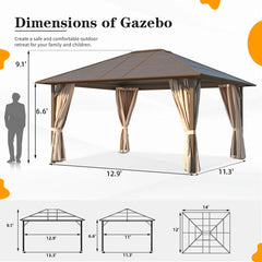 Erommy hardtop gazebo dimension diagram showing a covered pavilion with curtains, 9.1 foot peak, 6.6 foot clearance, and 12.9 by 11.3 foot footprint