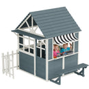 EROMMY Outdoor Playhouse for Kids, Wooden Kid Play House with Kitchen Toys,Blackboard,Chalks,Eraser,Magnetic Door, Bench, Foldable Sunshade Canopy,Flowerpot Holders, Bell, Pet Hole, Clock,Blue Grey