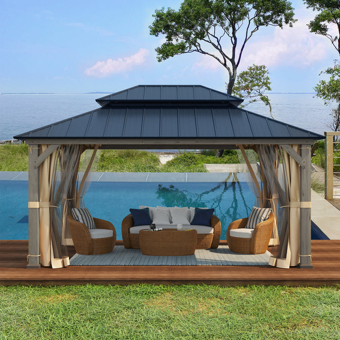 EROMMY 12' x 16' Outdoor Hardtop Gazebo with Cedar Frame and Powder Coated Metal Roof, Grey-Erommy