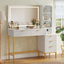 EROMMY Fluted Makeup Vanity Desk with Mirror, Lights,5 Drawers, 3 Storage Shelves and Charging Station, White Gold-Erommy