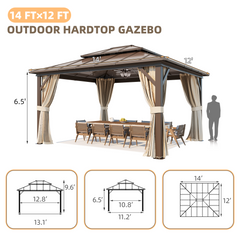 EROMMY 12' x 14' Hardtop Gazebo, Outdoor Gazebo with Polycarbonate Vertical Stripe Double Canopy, Aluminum Gazebo with Netting and Curtains for Patios-Erommy