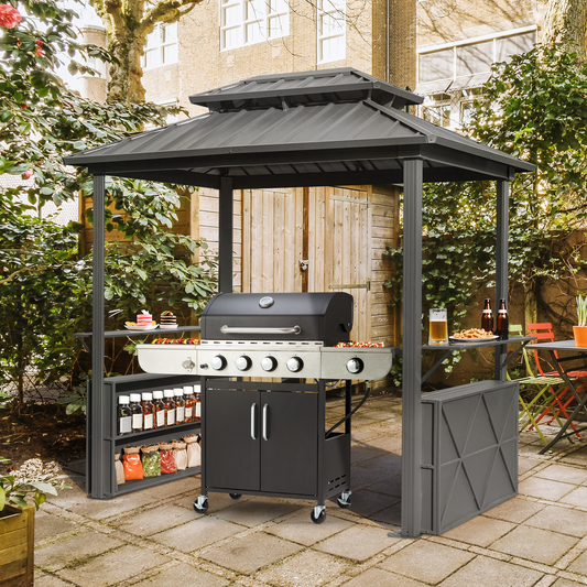 EROMMY Grill Gazebo 8 x 6 FT, Outdoor Barbecue with Double Galvanized Steel Roof,for Patio, Lawn, Garden