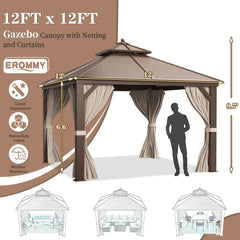 Erommy hardtop gazebo canopy with a double roof, tied curtains, and netting, shown with a person silhouette and outdoor furnishing layout illustrations.