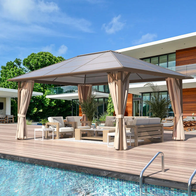 Erommy outdoor hardtop gazebo with taupe curtains, patio seating, and a dining table beside a swimming pool