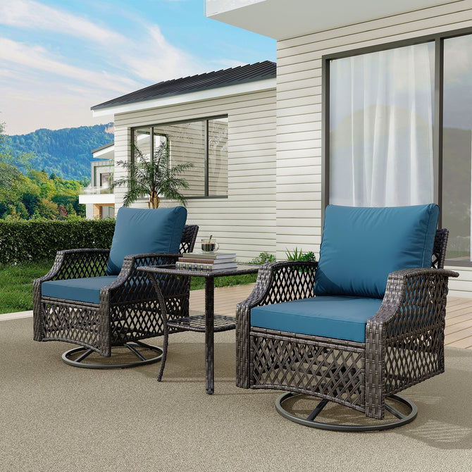 EROMMY 3 Piece Outdoor Swivel Chair Set, Patio Furniture Conversation Set for Deck, Yard, Garden, Poolside(Turquoise)-Erommy