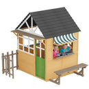 EROMMY Outdoor Play House for Kids, Wooden Kids Playhouse with Kitchen Toys, Blackboard,Chalks,Eraser,Magnetic Door, Bench, Foldable Sunshade Canopy,Bell, Pet Hole, Clock,Wood Color