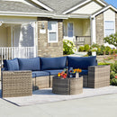 EROMMY Outdoor Patio Furniture Set, 7-Piece Half-Moon Wicker Patio Sofa Set with Storage Table, Blue