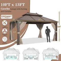 Erommy outdoor gazebo with double roof, beige curtains and mosquito netting, shown with open sides and seating layout illustrations