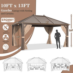Erommy hardtop gazebo with draped curtains and netting, shown with illustrated patio furniture layout options and a covered outdoor seating area