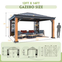 EROMMY 12'x14' Hardtop Gazebo, Galvanized Steel Top with Wood Grain Aluminum Frame, Permanent Metal Pavilion with Three-Layer Storage Shelvess