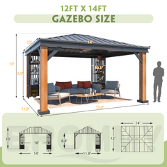 EROMMY 12' x 14' Hardtop Gazebo, Galvanized Steel Top with Wood Grain Aluminum Frame, Permanent Metal Pavilion with Three-Layer Storage Shelvess-Erommy