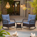 EROMMY 3 pcs Rocking Bistro Set, Outdoor PE Rattan Rocking Chairs with Tempered Glass Coffee Table, Blue