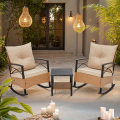 EROMMY 3-Piece Outdoor Rocking Chair Set with Cushions and Coffee Table, Beige