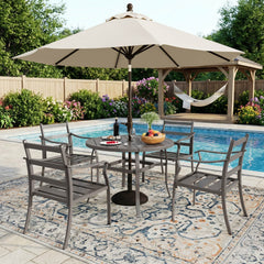 EROMMY 5-Piece Round Patio Dining Set, 4 Metal Slat Chairs & Table w/ Umbrella Hole