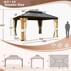 Erommy 12 by 14 hardtop gazebo with curtains, dimensional diagrams, roof layout, and height measurements for outdoor shade planning