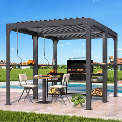 8x10 Louvered Pergola, Aluminum BBQ Pergola, Hardtop Gazebo for Outdoor Grill, Adjustable Rainproof Roof, Pergolas for Patio, Black