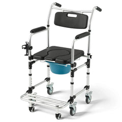 EROMMY 4-in-1 Bedside Commode Shower Wheelchair for Elderly and Disabled, Commode Chair with 4 Lockable Wheels, Detachable Bucket, Padded Seat and Armrests, Flip-Up Footrest, Black