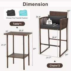 EROMMY 3-Piece Patio Wicker Bar Set, Rattan Bar Table & Stools with Cushion Covers (Blue/Gray)