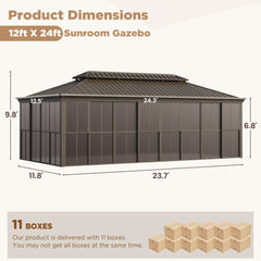 Erommy 12' × 24' Sunroom Patio Hardtop Gazebo, Double Top Galvanized Steel Roof Aluminum Solarium, All-Season Outdoor Pergola with Sliding Doors & Slideable PE Screen Window for Garden, Deck, Backyard-Erommy