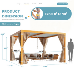 EROMMY 12x12 louvered pergola with Louvered Roof for Decks, Gardens and Backyards, Wood Grain-Erommy
