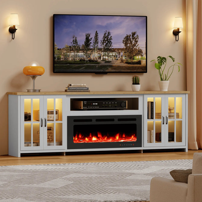 EROMMY 97 Inch Fireplace TV Stand with 42" Electric Fireplace, Fireplace Entertainment Center Media Console, Long TV Stand for Living Room, Television Stands for 100 Inch TV, White
