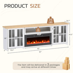 EROMMY 97 Inch Fireplace TV Stand with 42" Electric Fireplace, Fireplace Entertainment Center Media Console, Long TV Stand for Living Room, Television Stands for 100 Inch TV, White
