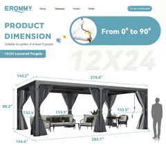 EROMMY 12x24 Adjustable Louvered Pergola with Waterproof Roof – Dark Grey-Erommy