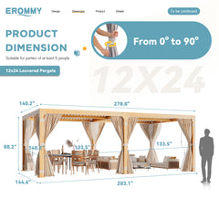EROMMY 12x24 louvered pergola with Louvered Roof for Decks, Gardens and Backyards, Wood Grain-Erommy