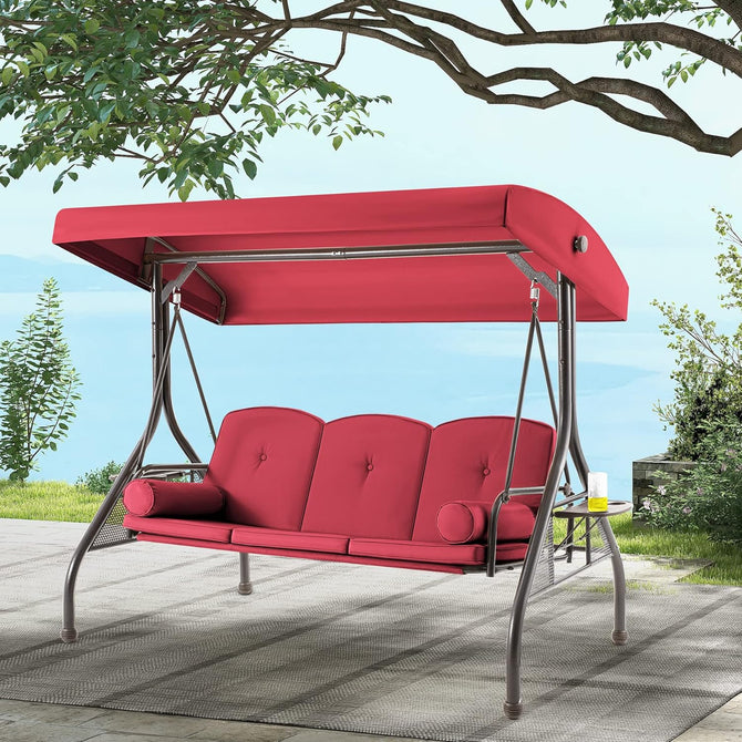 EROMMY 3-Seat Patio Porch Swing with Adjustable Canopy, Wine Red-Erommy