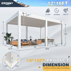 EROMMY 12x16 Aluminum Pergola with Waterproof Roof Panels – White-Erommy