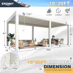EROMMY 10x20 Aluminum Pergola with Pull-down Sun Shade – White-Erommy