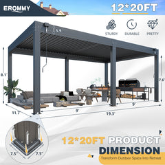 EROMMY 12x20 Large Aluminum Pergola with Louvered Canopy – Grey-Erommy