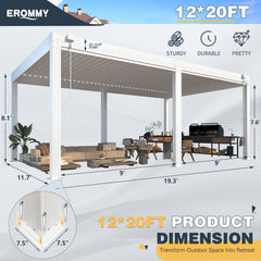 EROMMY 12x20 Large Aluminum Pergola with Louvered Canopy – White-Erommy