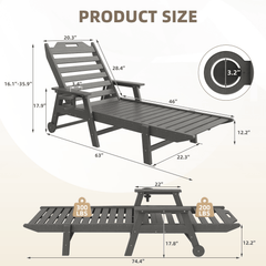EROMMY 22" W Oversized Chaise Lounge Chairs, Adjustable HDPE Outdoor Chairs with Wheels & Cup Holder, Dark Grey