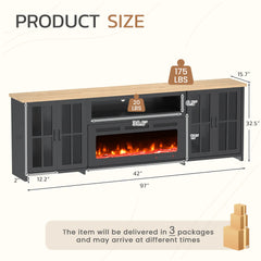 EROMMY 97 Inch Fireplace TV Stand with 42" Electric Fireplace, Fireplace Entertainment Center Media Console, Long TV Stand for Living Room, Television Stands for 100 Inch TV, Black