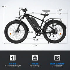Black Erommy fat tire electric bike with measurement annotations, 77.56 inch length, 43.31 inch height, recommended rider height of 5 foot 4 to 6 foot 5, and 330 pound load capacity