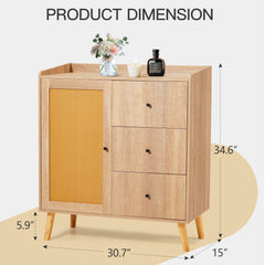 EROMMY Modern Cabinet with Rattan Door and 3 Drawers for Living Room, Kitchen, and Dining Room-Erommy