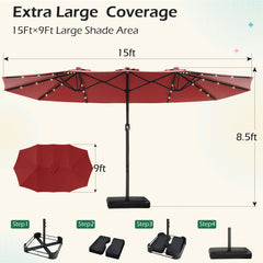 EROMMY 15 X 9 Double-Sided Large Umbrella with Solar LED - Red-Erommy