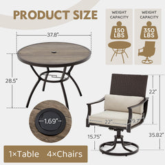 EROMMY 5-Piece Patio Dining Set, 4 Swivel Chairs & Large Round Table for Backyard, Deck, Patio
