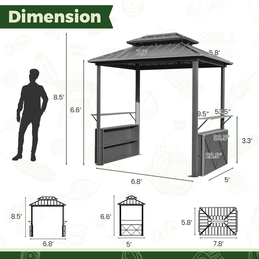 EROMMY Grill Gazebo 8 x 6 FT, Outdoor Barbecue with Double Galvanized Steel Roof,for Patio, Lawn, Garden