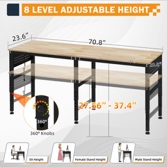 72" Adjustable Heavy Duty Workbench with Power Outlets & Pegboard, 2000 LBS Capacity Rubber Wood Top Work Table for Garage, Workshop, Home & Commercial