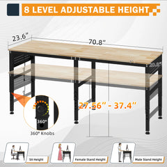 72" Adjustable Heavy Duty Workbench with Power Outlets & Pegboard, 2000 LBS Capacity Rubber Wood Top Work Table for Garage, Workshop, Home & Commercial