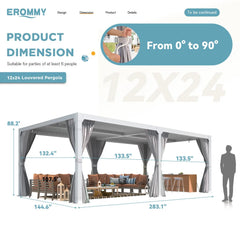 EROMMY 12x24 Pergola with Adjustable Louvered Roof – White-Erommy