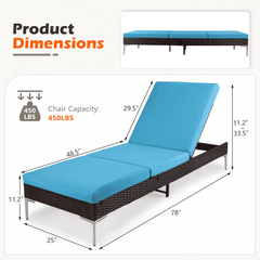 EROMMY 2PCS Patio Rattan Chaise Lounge Chair Outdoor Wicker Recliner Thickened Cushion Stepless Adjustable with Gas Cylinder (Blue)