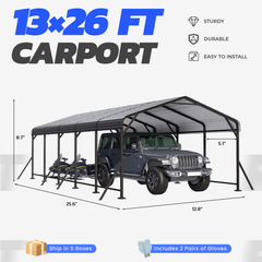 EROMMY 13' x 26' Outdoor Steel Carport with Galvanized Steel Frame and Roof