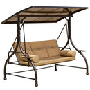 EROMMY 57in Outdoor Patio Swing with Hardtop, 3 person Bench with 2 Side Cup Holder, Convertible Backrest Swing Bed with Cushion, 2 Pillows-Erommy