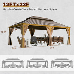Erommy hardtop gazebo with a metal double roof, wood-look frame, curtains, outdoor dining table, chairs, and lounge seating in three layout views